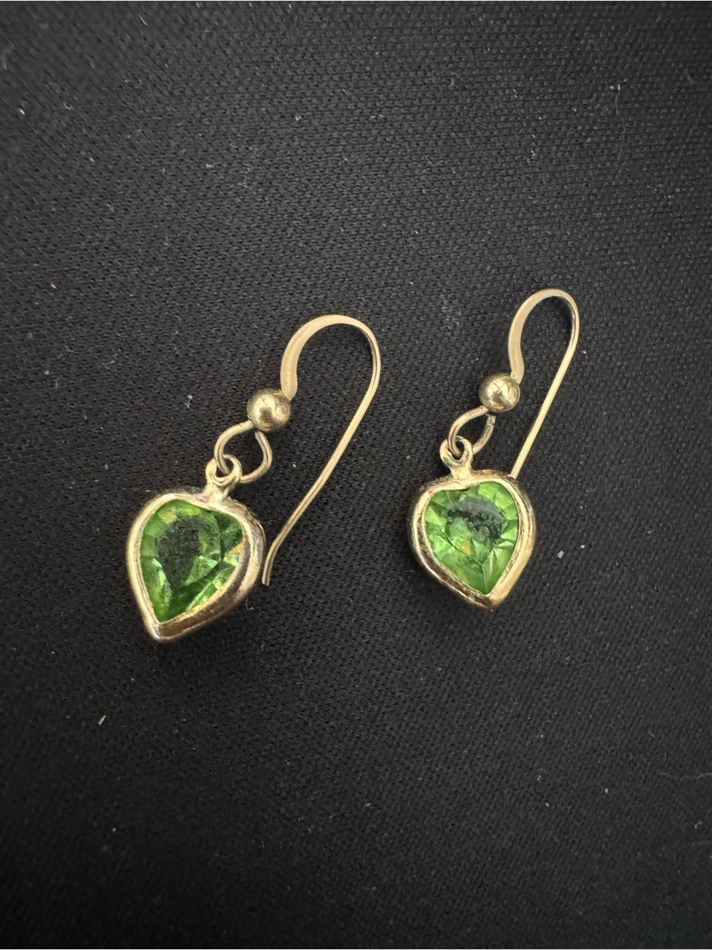 Gold Tone Heart Drop Earrings with Green Gemstones - Women Jewelry